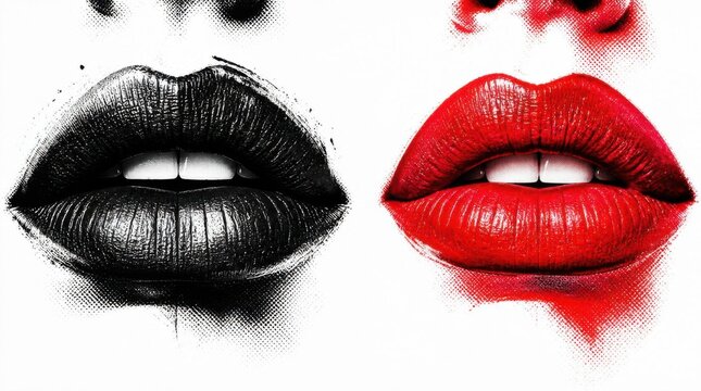 Artistic illustration of black and red lips with watercolor paint splatters on a white background.