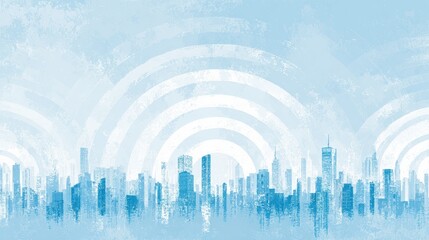 Fototapeta premium Abstract Blue Cityscape with Digital Wave Patterns and Skyline Illustration