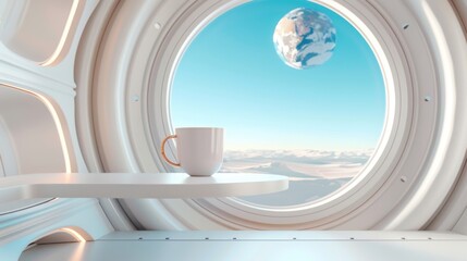 Fototapeta premium A minimalist coffee cup floating slightly above a magnetic metal table inside a space hotel cabin, a massive round window showing planet Earth view