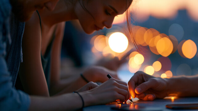 Faceless friends carving initials into sunset during emotional moment at rooftop gathering, sentimental activity, memory marking, twilight moment, lasting impression, with copy