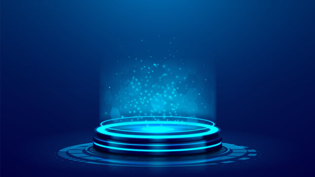 Glowing sci-fi portal or holographic podium. Vector hi-tech digital podium for product presentations, fantasy game design and teleport concepts.  3d magic fantasy portal.