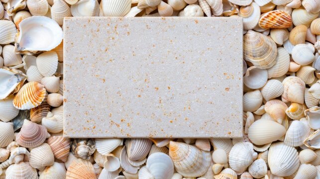 A polished architectural tile made from recycled ocean shells, resting flat on a bed of crushed mussel and oyster shells, material design