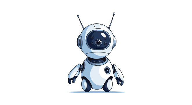Friendly small white robot with a large spherical head, blue eyes, and camera lens features shown in a minimalist style.