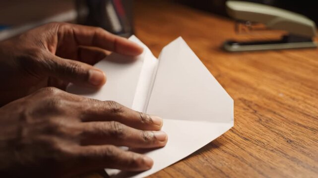 Hands folding paper on wooden desk
