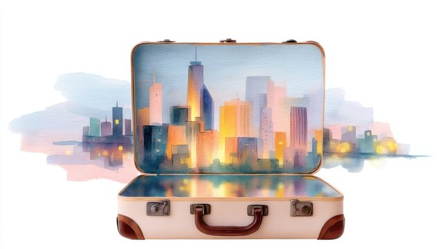 Artistic watercolor illustration of an open vintage suitcase, a miniature glowing city skyline inside with skyscrapers and lights, travel and urban nomad