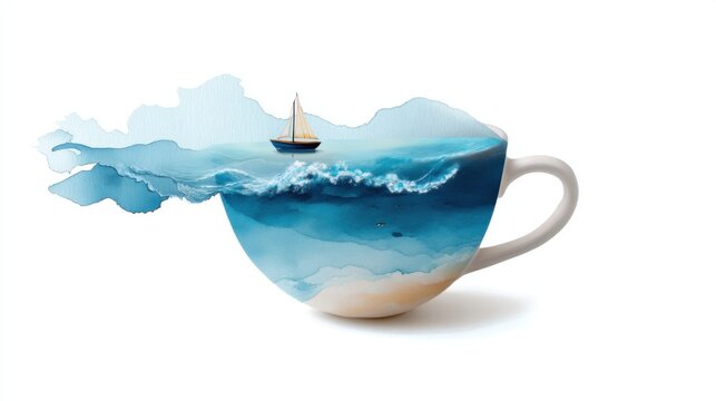 Artistic watercolor illustration of a tea cup filled with a stormy deep blue ocean, crashing waves with white foam, a tiny sailboat, realistic water depth