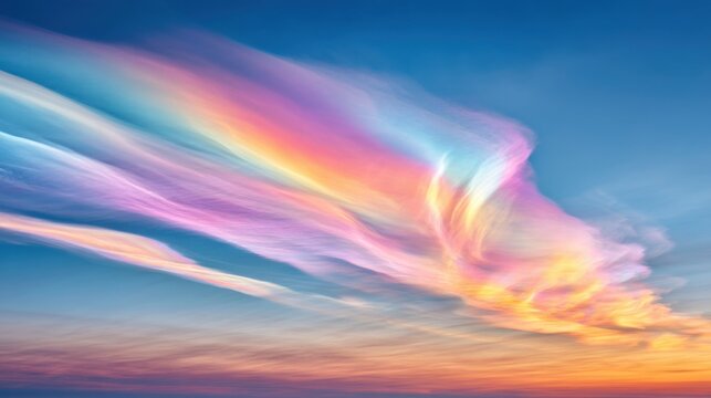 Breathtaking photography of iridescent nacreous clouds in the polar stratosphere, glowing mother of pearl colors against a deep indigo twilight sky