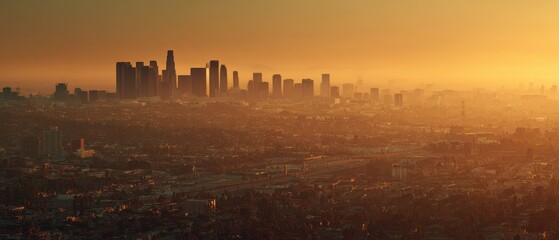 Obraz premium Sunset Over Downtown City Skyline With Tall Buildings and Urban Landscape