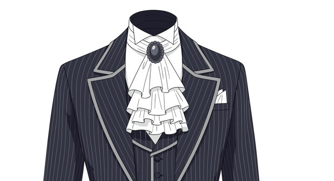 High-fashion formal suit detail featuring a striped navy jacket paired with a white ruffled cravat and jewel pin.