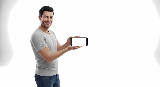 Man presenting blank screen device studio shot with copy space for technology concept