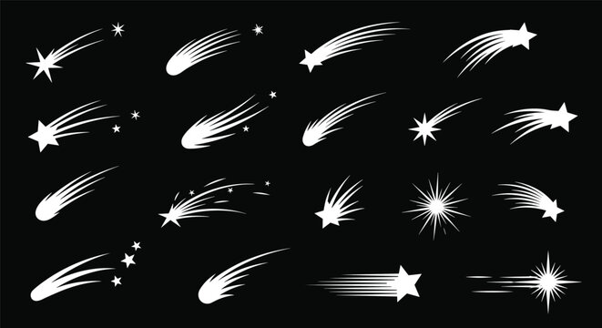 Collection of white comet and shooting star icons in various styles arranged on a solid black cosmic background.