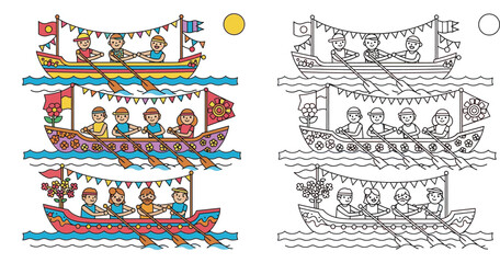Traditional Festival Boat Race and Rowing Team Illustration with Coloring Page Version for Kids Activity, Vector Cartoon Style featuring Decorated Boats and Rowers in the Sea © SHOHAG