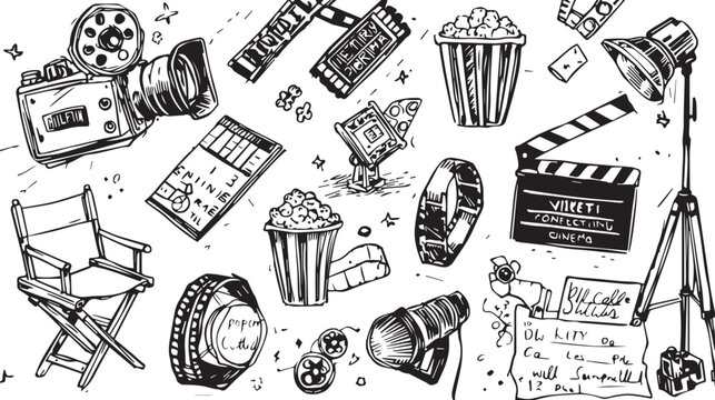 A collection of hand drawn cinema icons including film cameras, director chairs, popcorn, and movie clapper boards for film production design projects.