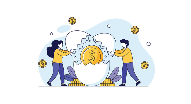 Collaborative couple working together to assemble a large gold dollar coin from a cracked white eggshell symbol.