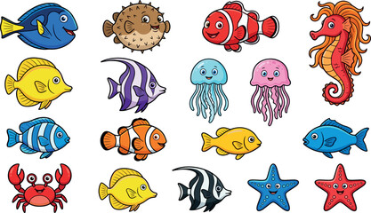 Cute Cartoon Ocean Sea Animals Vector Set with Tropical Fish Jellyfish Seahorse Crab and Starfish Marine Collection © Mst RAFIYA