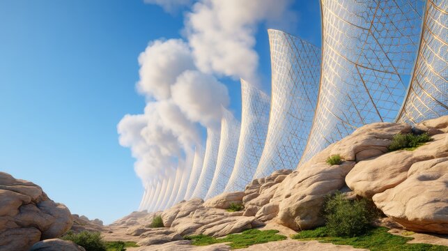 Low angle shot of tall, biomimetic fog harvesting structures on a rocky desert cliff, shimmering nano mesh panels collecting mist into visible streams