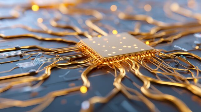 Macro photography of a neuromorphic computer chip, organic like circuitry resembling neural networks, gold and silver filaments growing in complex patterns
