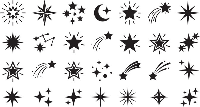Black celestial icon collection featuring stars and comets celestial collection constellation astronomy silhouette illustration astrology isolated decorative minimalist