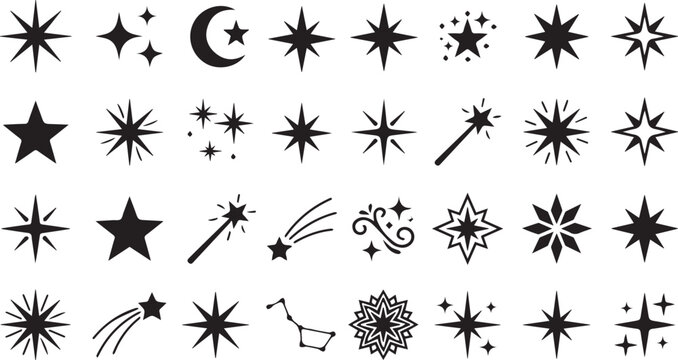Black decorative celestial and star icon set with celestial constellation astronomy silhouette illustration decorative collection isolated astrology ornament minimalist