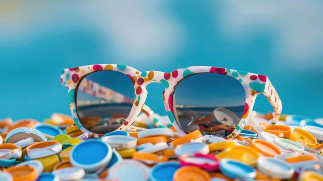 Modern sunglasses with a colorful speckled frame resting on top of a pile of shredded recycled plastic bottle caps, product origin