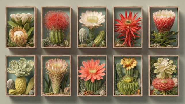 Ten diverse framed botanical specimens of flowering succulents and cacti displayed in shadow boxes