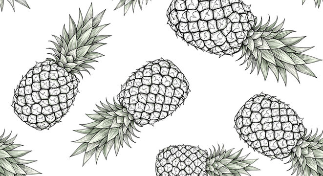 Detailed hand-drawn sketch of pineapples in a seamless pattern design on a white background for tropical and fruit themed applications.