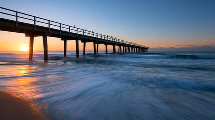 Fototapeta premium Long exposure of pier at sunrise in coastal region, tall wooden jetty at golden hour, small waves rolling in gently, silky water effect, dawn seascape, peaceful morning