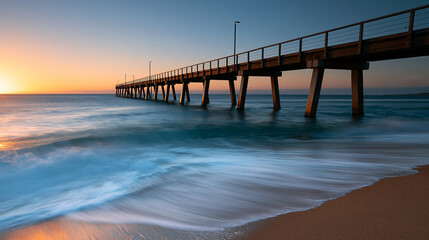 Obraz premium Long exposure of pier at sunrise in coastal region, tall wooden jetty at golden hour, small waves rolling in gently, silky water effect, dawn seascape, peaceful morning
