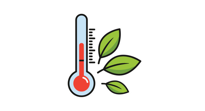 Icon of a thermometer showing a high temperature level next to green leaves on a white background for climate and environment topics.