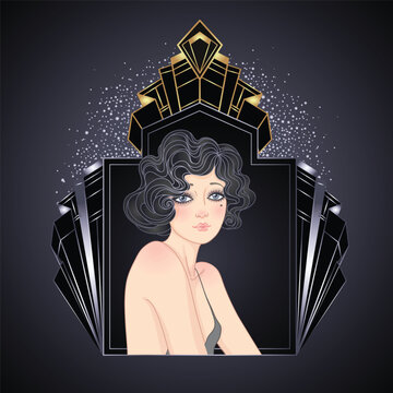 Art Deco flapper girl portrait in silver tones on black background with geometric ornament. Elegant Roaring Twenties style with glamorous vintage fashion and refined decorative composition.