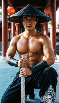A muscular Asian warrior kneels in a sunlit Chinese corridor, gripping a vertical sword while wearing a black conical hat and embroidered trousers. Generative AI
