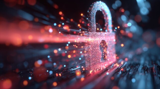 Digital padlock materialized from sparkling particles protects electronic data transmission.