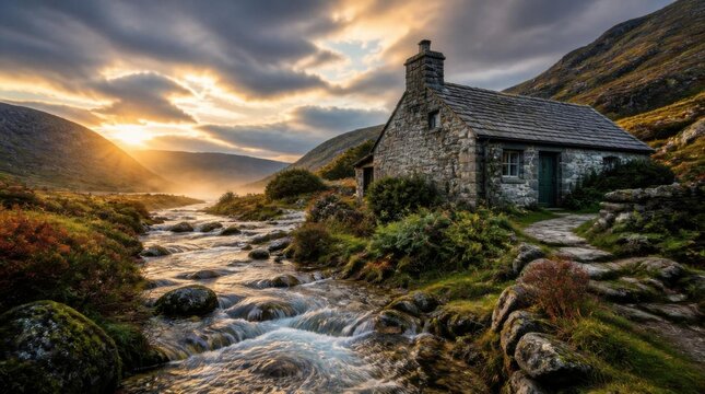 Old stone cottage next to a flowing mountain stream at sunset.