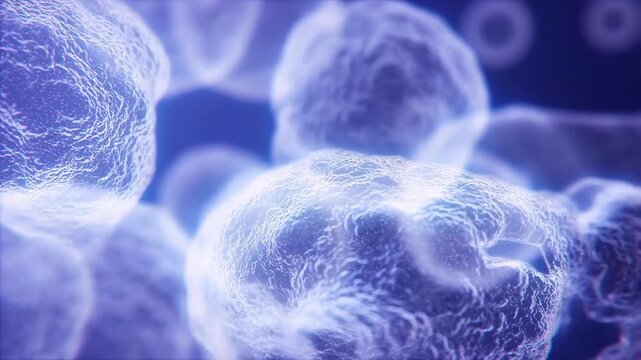 Biological Cells Dividing Inside Glowing Microscopic Network with Blue Light Patterns and Translucent Membrane Textures in Science Visualization