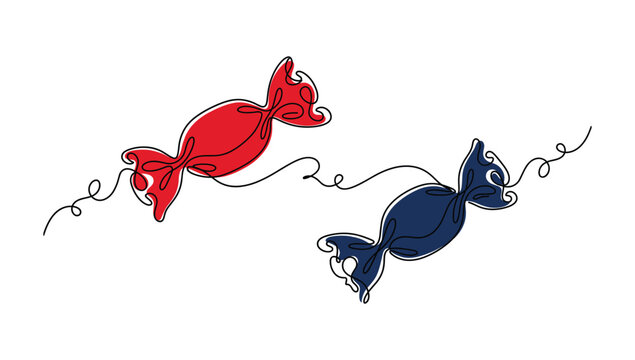 Two candies wrapped in red and blue, continuous line art with color fill.