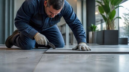 Obraz premium Professional worker installing new flooring tiles using a utility knife during indoor renovation.