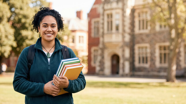Smiling young female Maori university student holding books on campus background, indigenous education in New Zealand concept.