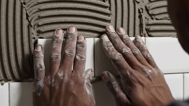 Person installing white tiles on wall
