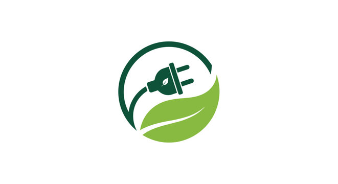 Green environmental logo featuring an electric plug with a leaf inside a circular frame to promote clean renewable energy.