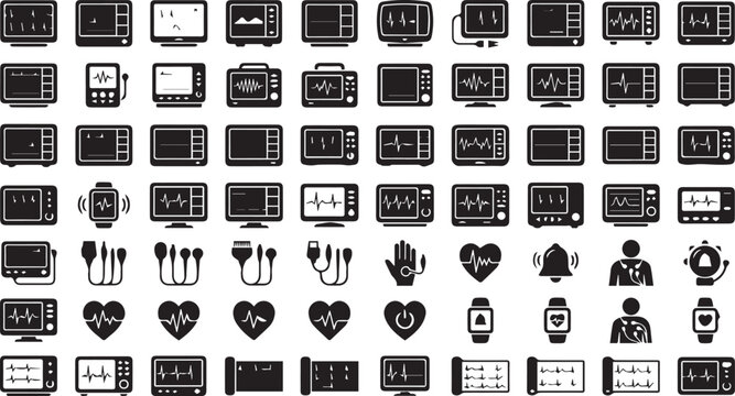 Medical heart monitoring and ekg waveform icons set with hospital waveform healthcare diagnostic technology wearable analysis clinical equipment cardiology medicine