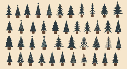 Obraz premium Comprehensive grid features dozens of different Christmas tree silhouettes, ranging from traditional designs to modern and stylized shapes.