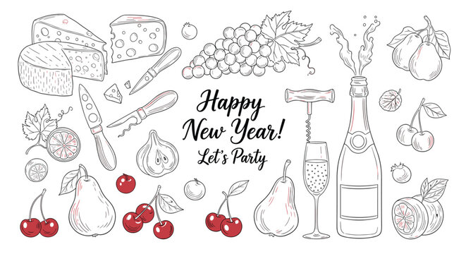 Festive new year collage features hand-drawn line art of champagne, cheese, grapes, and various fruits with the text Happy New Year.