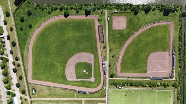 Aerial top down view of a baseball field complex