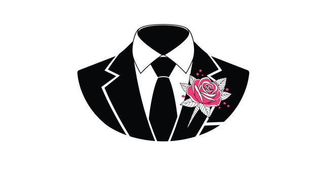Silhouette of a formal tuxedo torso features a vibrant pink rose boutonniere pinned to the lapel for a wedding or gala event.