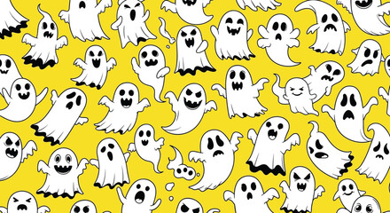 Obraz premium Seamless background pattern featuring many different cute white ghosts with various facial expressions on a yellow backdrop.