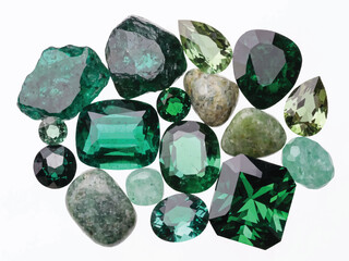 Collection of various green gemstones including emeralds and jade on white background  precious stones © Md