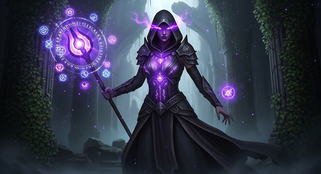 Hooded Dark Sorceress Casting Purple Magic in Mystical Forest Ruins