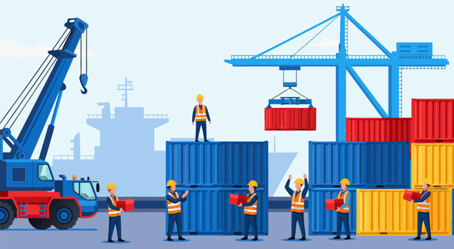 Logistics and shipping industry concept vector illustration of workers loading containers with cranes at a port, commercial cargo transport