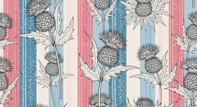 Decorative pattern featuring thistle flowers and leaves on a background of vertical blue, pink, and white stripes.