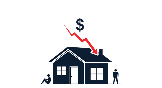Real estate market concept icon showing a house silhouette with a falling red arrow and a dollar currency symbol.